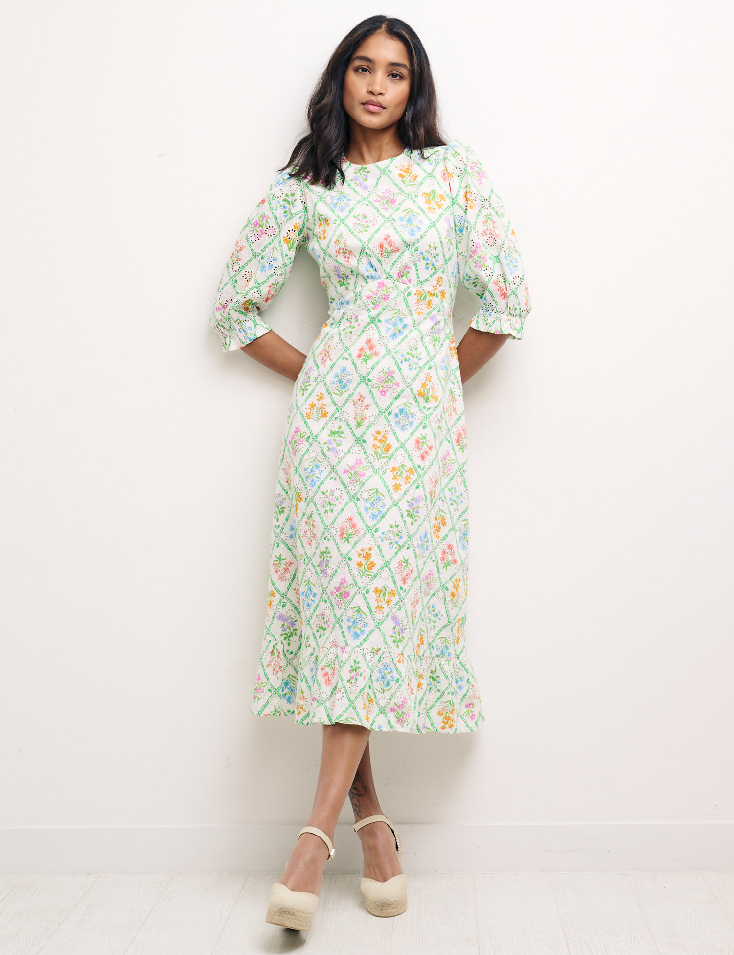 Marks & Spencer Printed Pure Cotton Floral Broderie Midi Waisted Dress