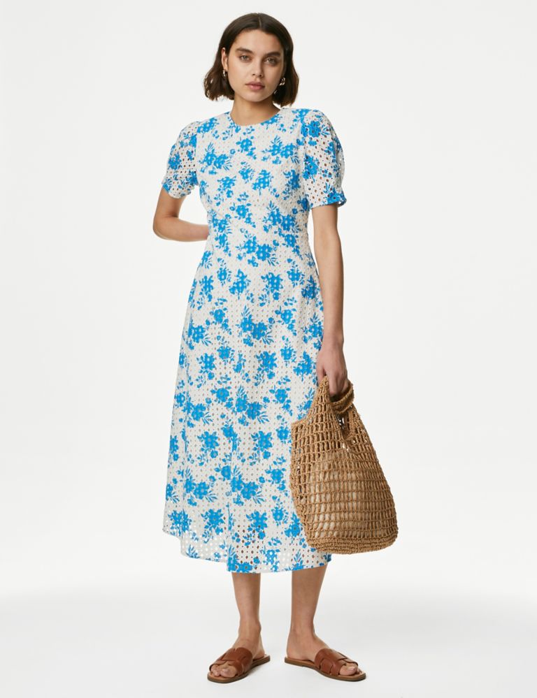 Pure Cotton Floral Cutwork Detail Midi Tea Dress 3 of 4