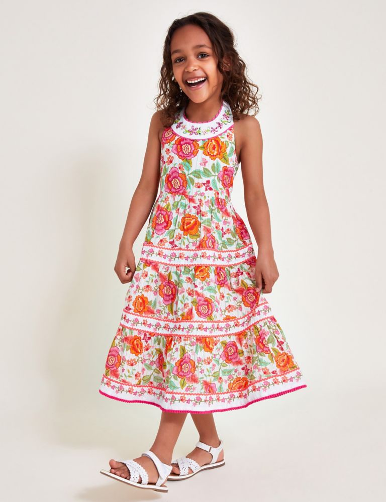 Pure Cotton Floral Embellished Dress (3-15 Yrs) 1 of 3