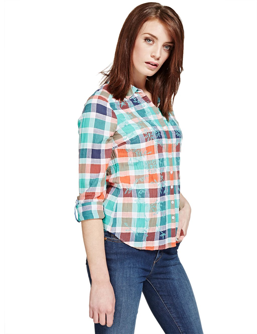 Pure Cotton Floral Embroidered Checked Crinkle Shirt 2 of 5