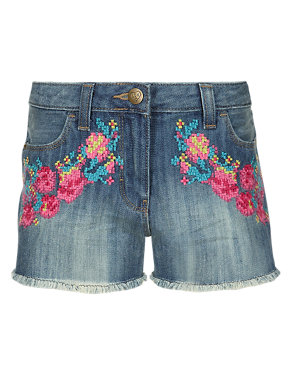 Pure Cotton Floral Embroidered Denim Short Image 2 of 4