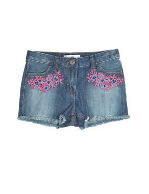 Pure Cotton Floral Embroidered Denim Shorts (5-14 Years) Image 2 of 3