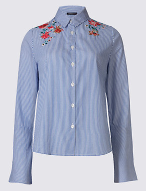 Pure Cotton Floral Embroidered Flared Sleeve Shirt Image 2 of 4