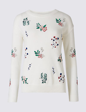 Pure Cotton Floral Embroidered Jumper Image 2 of 5