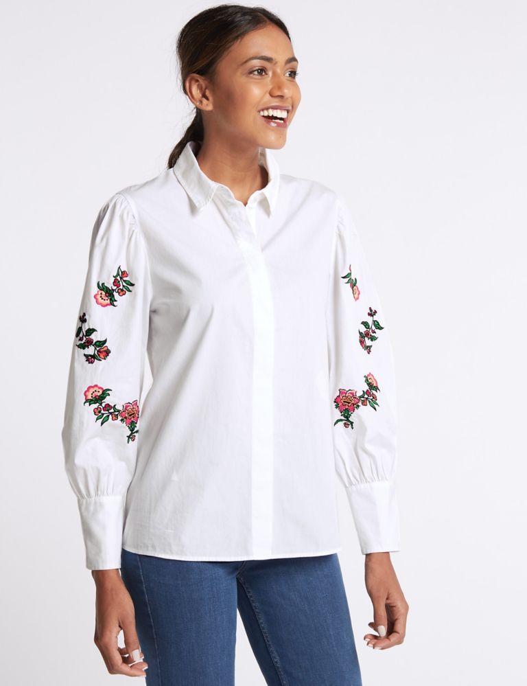 Pure Cotton Floral Embroidered Sleeve Shirt 1 of 5