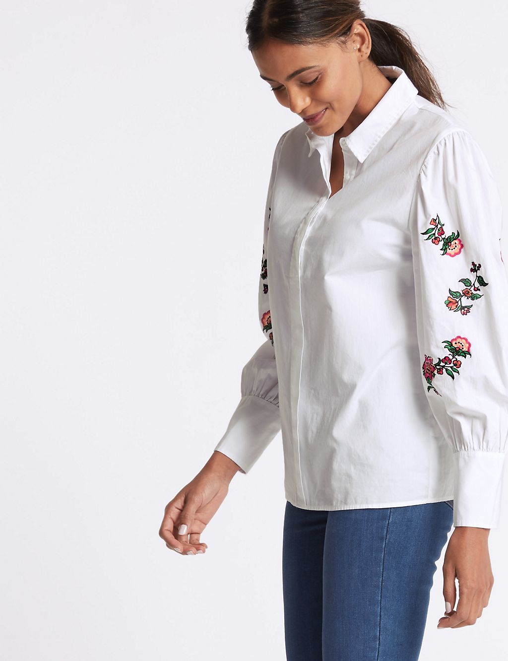 Pure Cotton Floral Embroidered Sleeve Shirt 4 of 5