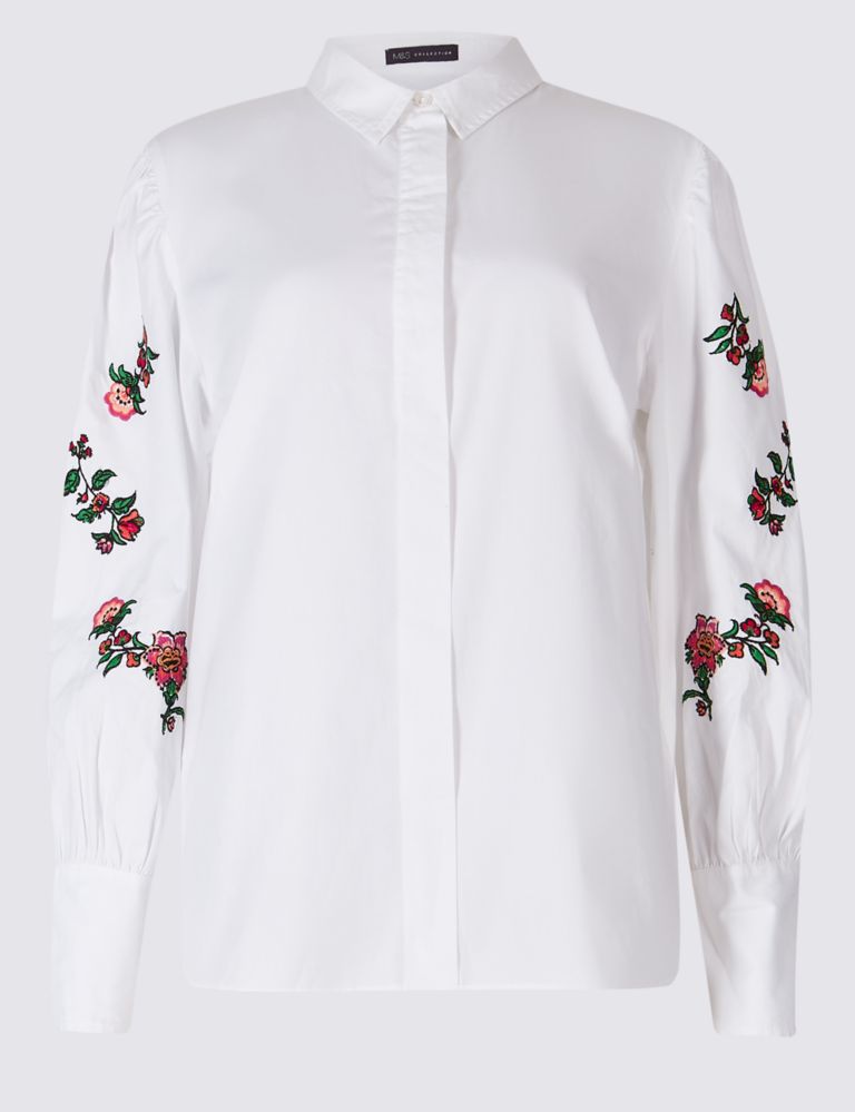 Pure Cotton Floral Embroidered Sleeve Shirt 3 of 5