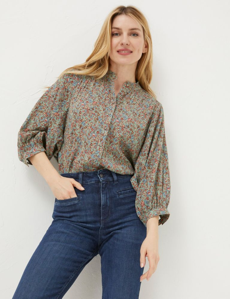 Pure Cotton Floral Frill Neck Blouse 1 of 6