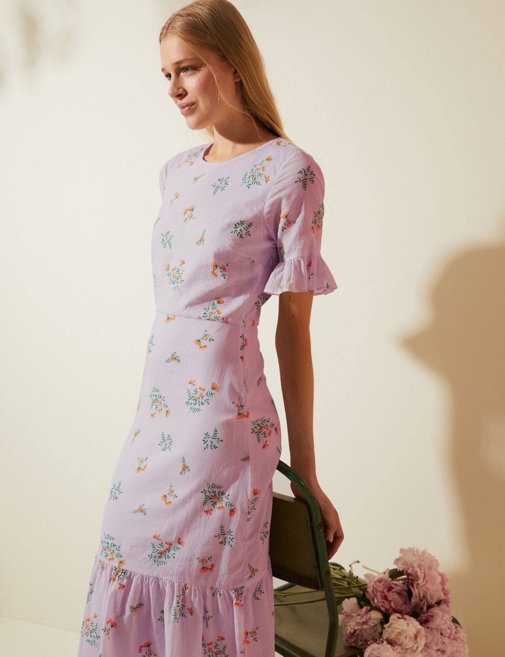 Pure Cotton Floral Frill Sleeve Midi Dress | M&S X GHOST | M&S