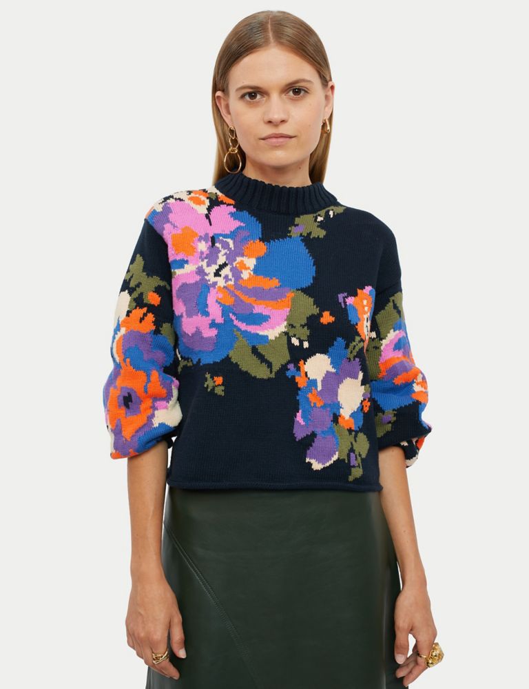 Pure Cotton Floral Funnel Neck Jumper 1 of 4