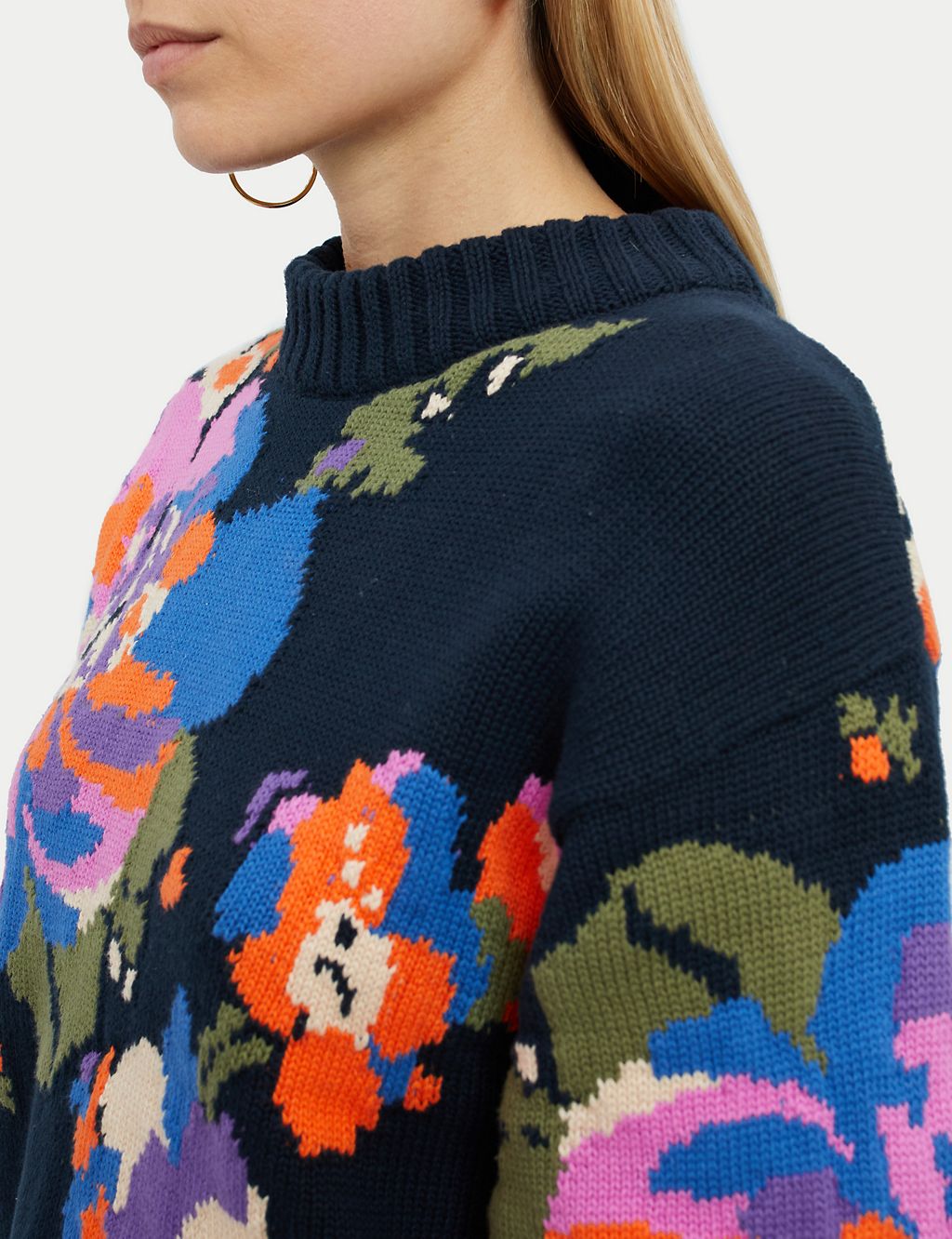 Pure Cotton Floral Funnel Neck Jumper 1 of 4