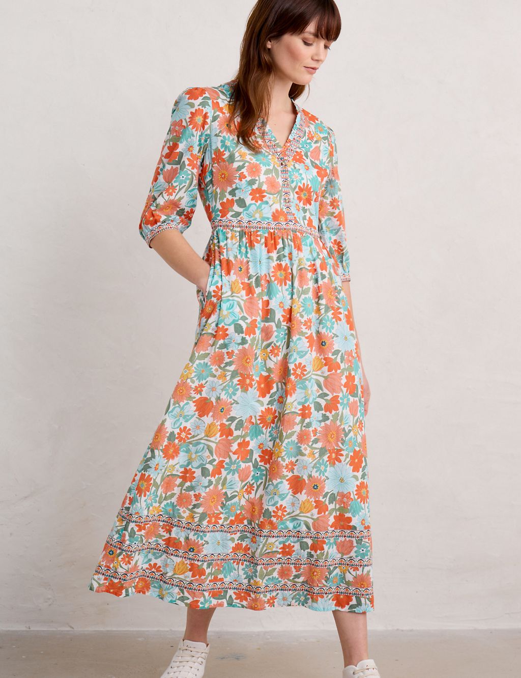 Pure Cotton Floral Maxi Waisted Dress 2 of 6