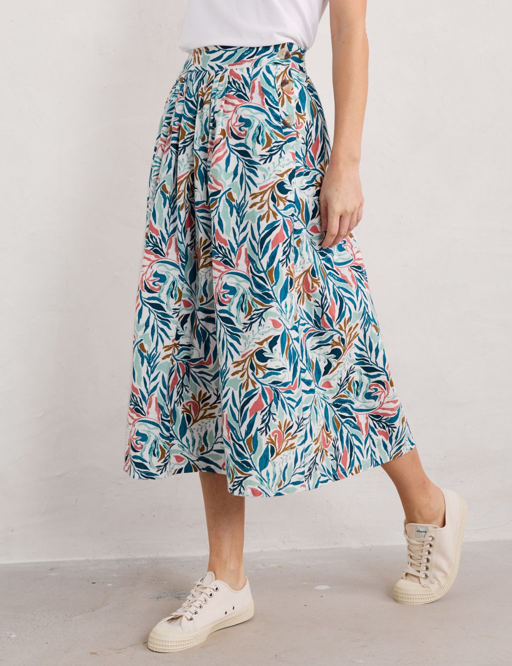 Pure Cotton Floral Midi A-Line Skirt 2 of 5