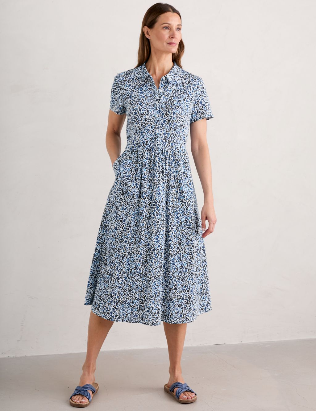 Pure Cotton Floral Midi Waisted Dress 2 of 5