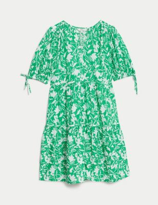 Pure Cotton Floral Pintuck Knee Length Tiered Dress Image 2 of 5