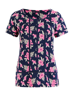 Pure Cotton Floral Pintuck T-Shirt Image 2 of 4