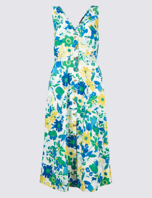 Printed Pure Cotton Midi Dress in Off White