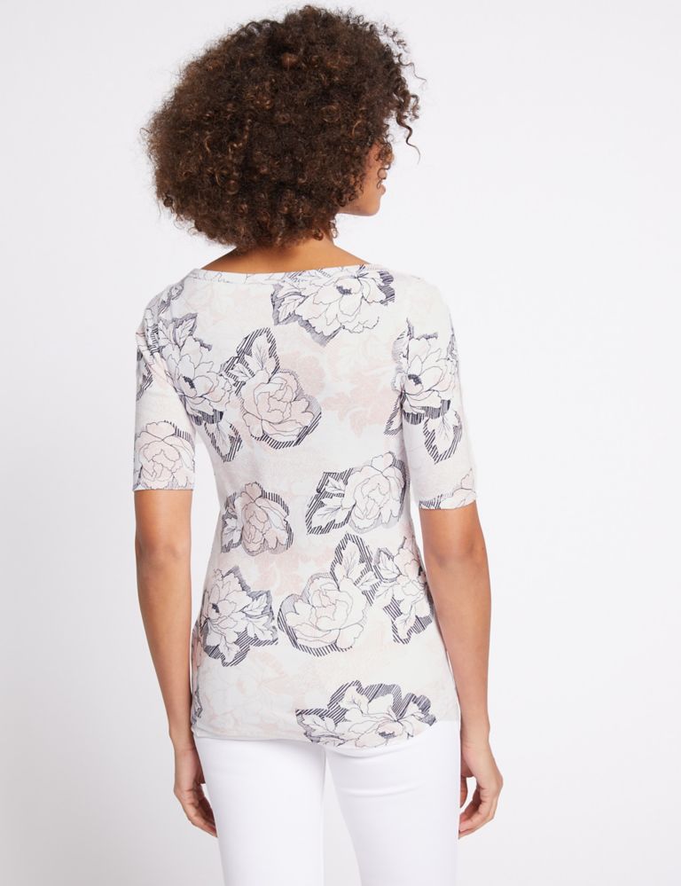 Pure Cotton Floral Print Round Neck T-Shirt 4 of 5