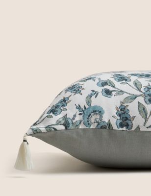 Pure Cotton Floral Tassled Cushion Image 2 of 6