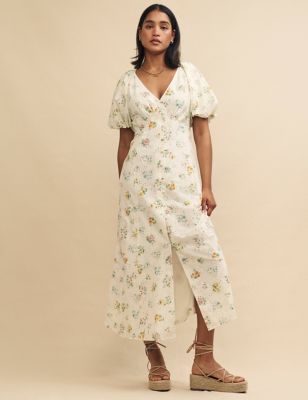 Pure Cotton Floral V-Neck Midaxi Waisted Dress Image 1 of 2