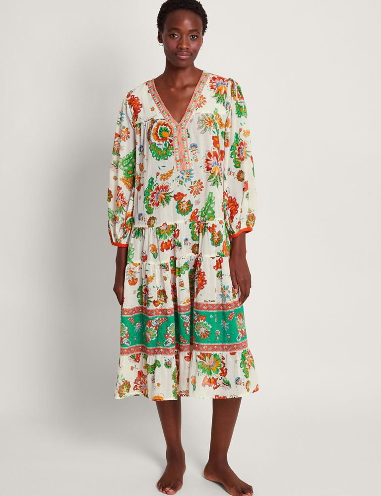 Pure Cotton Floral V-Neck Midi Kaftan Dress | Monsoon | M&S
