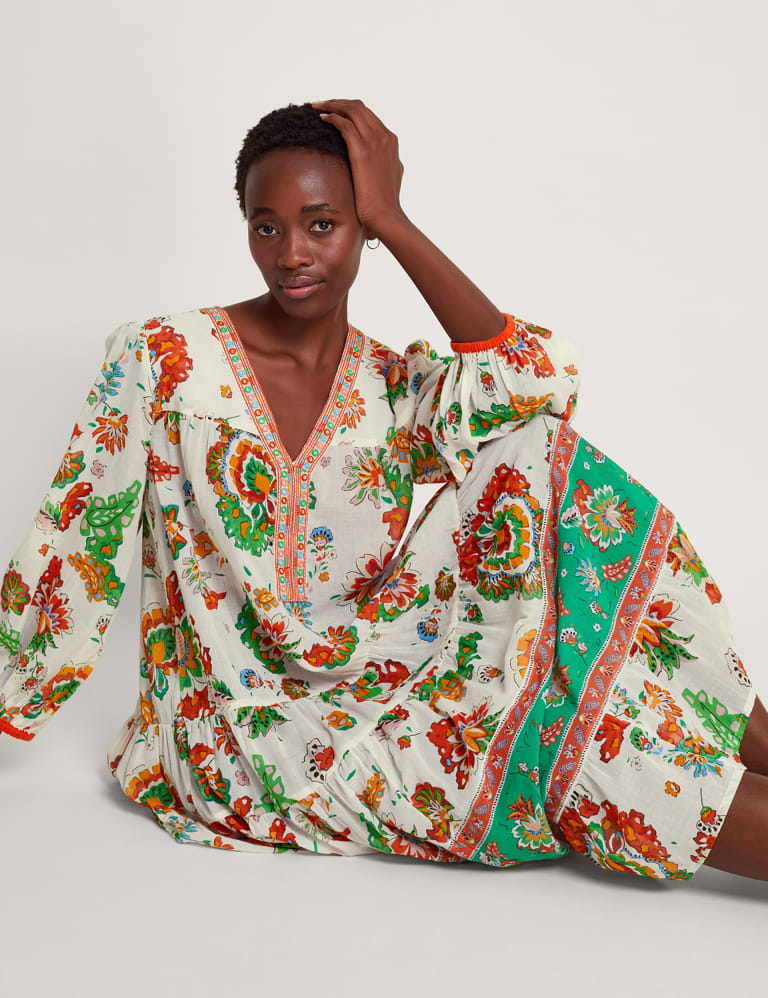 Pure Cotton Floral V Neck Midi Kaftan Dress Monsoon M S