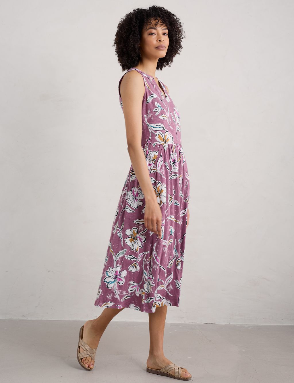 Pure Cotton Floral V-Neck Midi Waisted Dress 2 of 5
