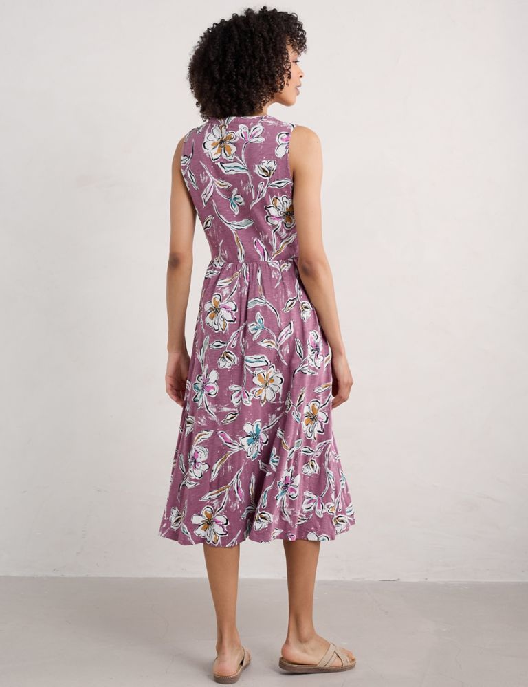 Pure Cotton Floral V-Neck Midi Waisted Dress 4 of 5
