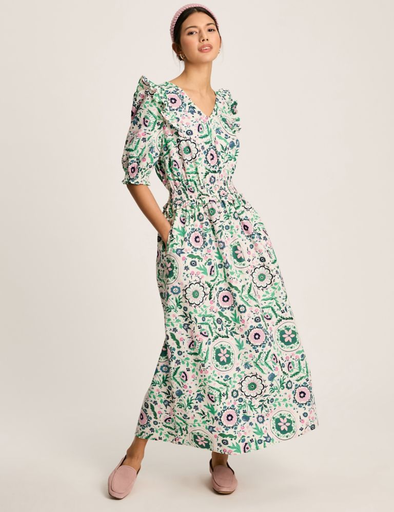 Pure Cotton Floral V-Neck Midi Waisted Dress 1 of 5
