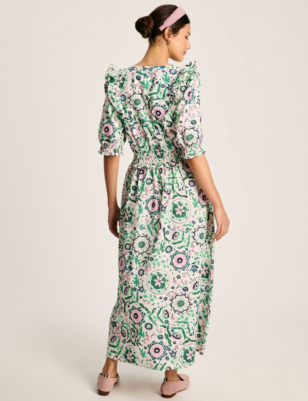 Pure Cotton Floral V-Neck Midi Waisted Dress 1 of 5