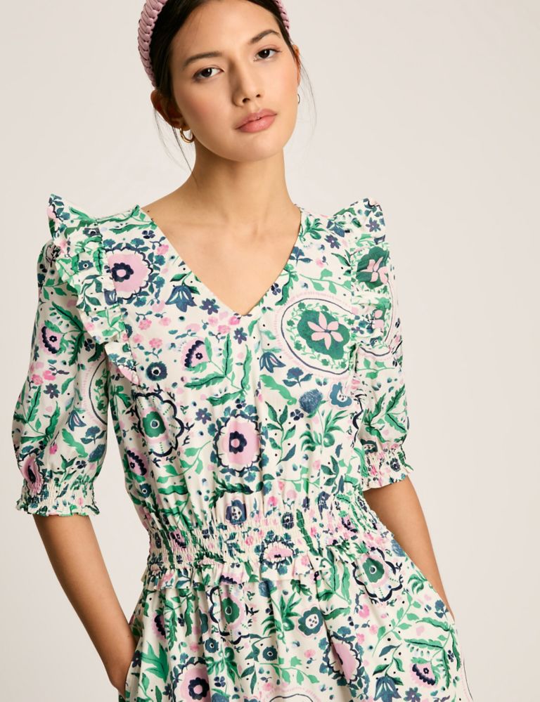 Pure Cotton Floral V-Neck Midi Waisted Dress 4 of 5
