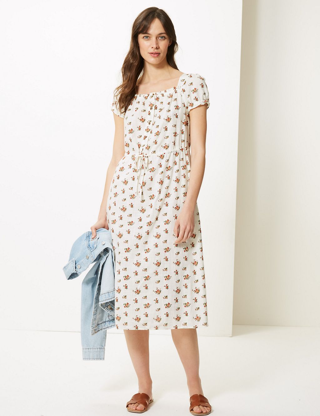 Pure Cotton Floral Waisted Midi Dress 2 of 5