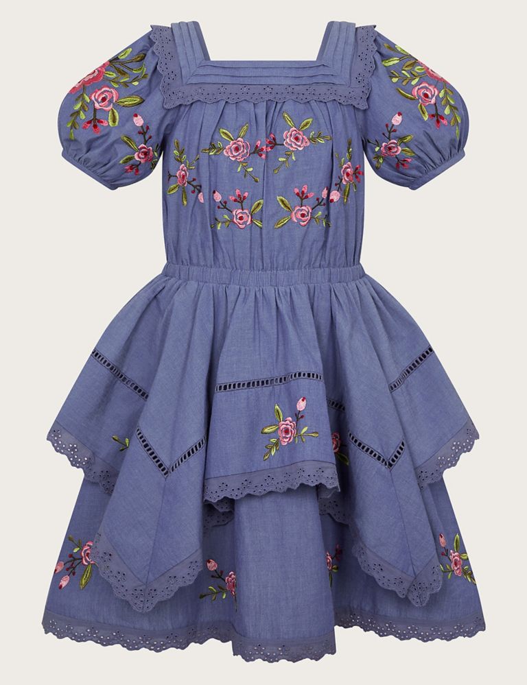 Pure Cotton Flower Embroidered Dress (3-13 Yrs) 1 of 3