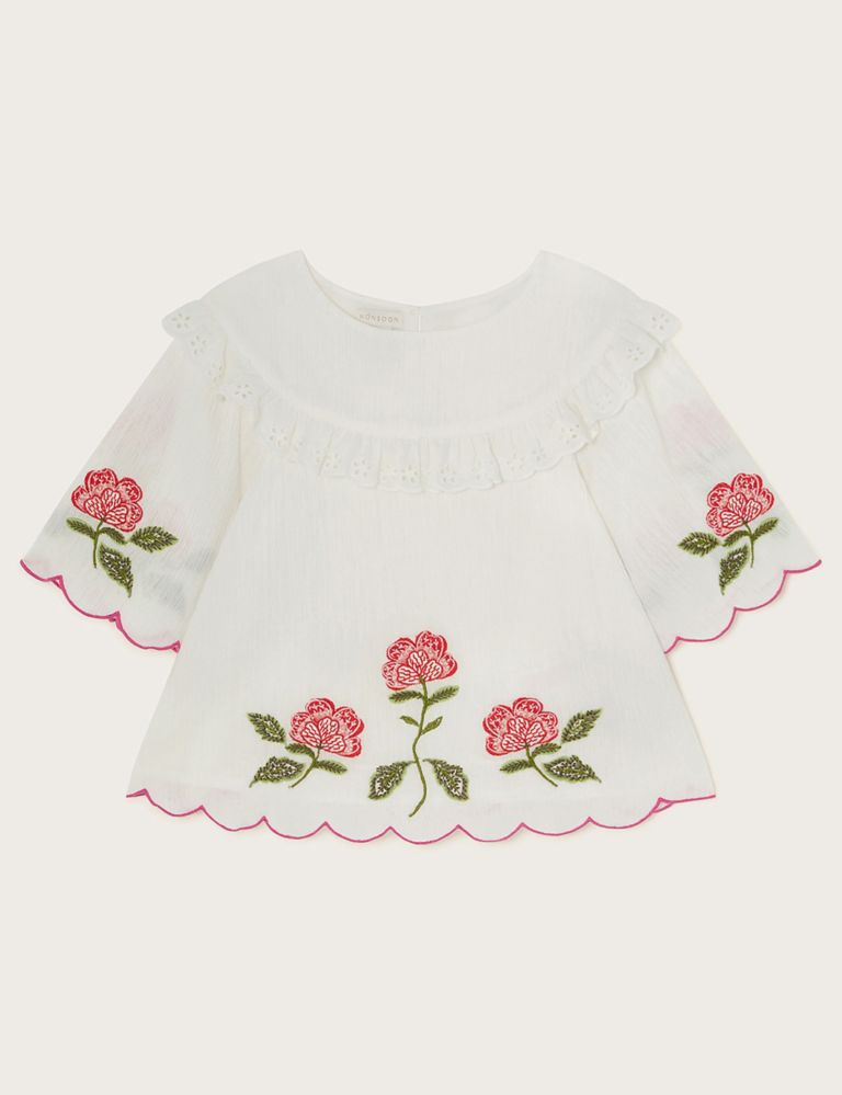 Pure Cotton Flower Embroidered Top (3-13 Yrs) 1 of 3