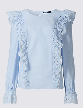 Pure Cotton Frill Detail Long Sleeve Blouse Image 2 of 4