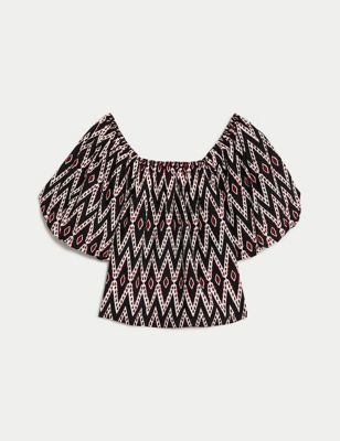 Pure Cotton Geometric Puff Sleeve Blouse Image 2 of 6