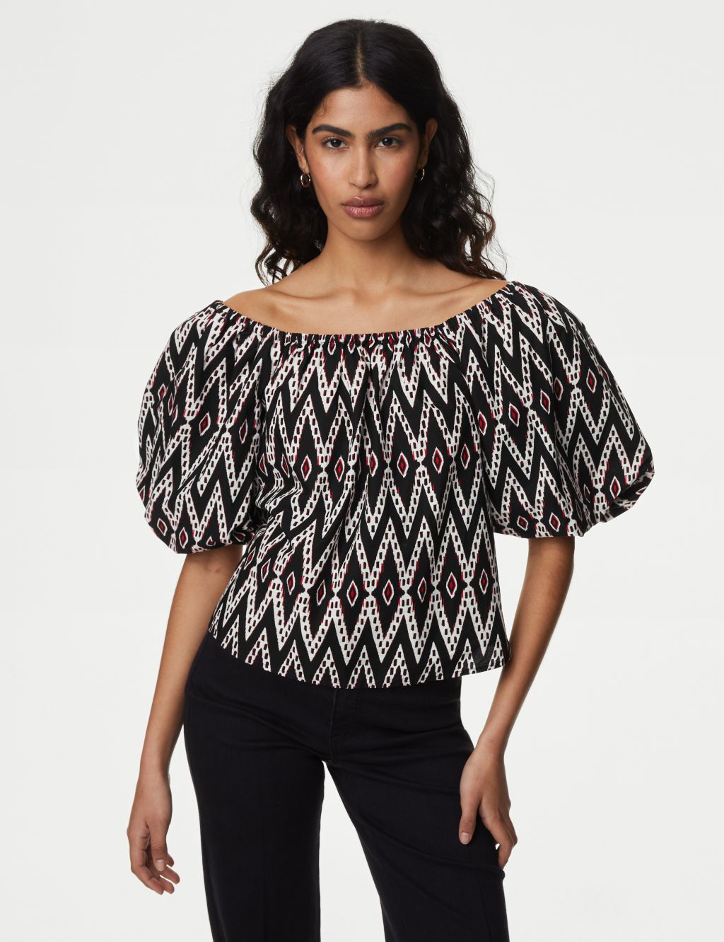 Pure Cotton Geometric Puff Sleeve Blouse 2 of 6
