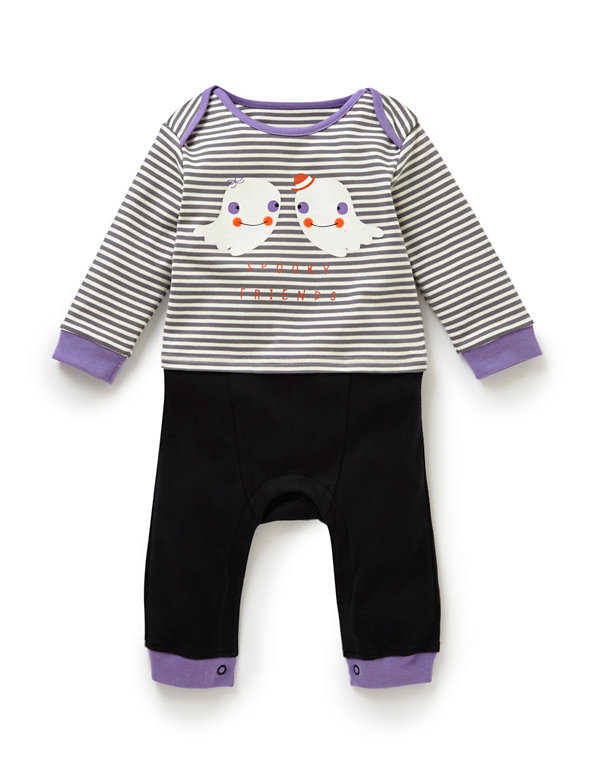 Pure Cotton Ghost & Striped Mock Onesie Image 1 of 2