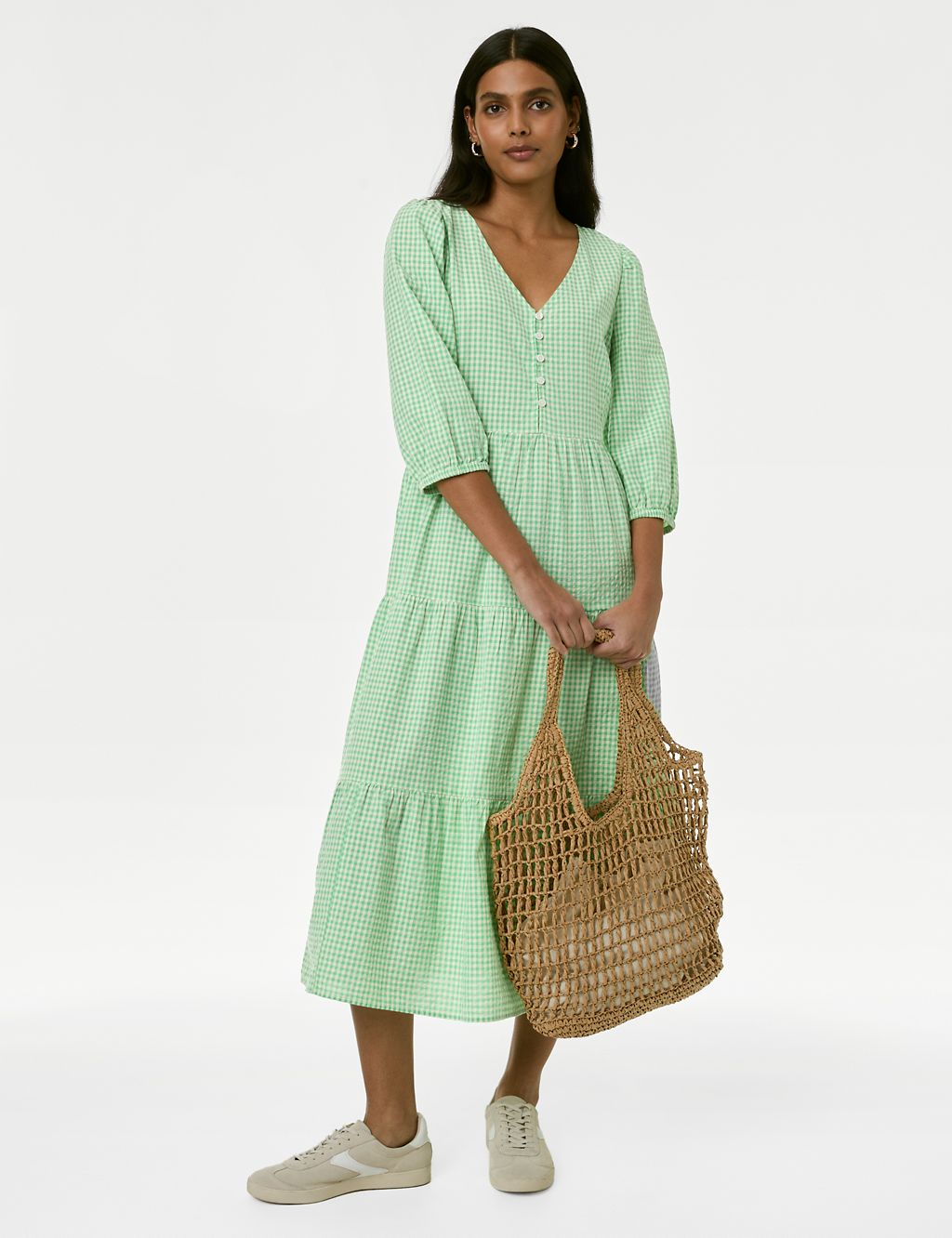 Pure Cotton Gingham Midi Tiered Dress 2 of 5