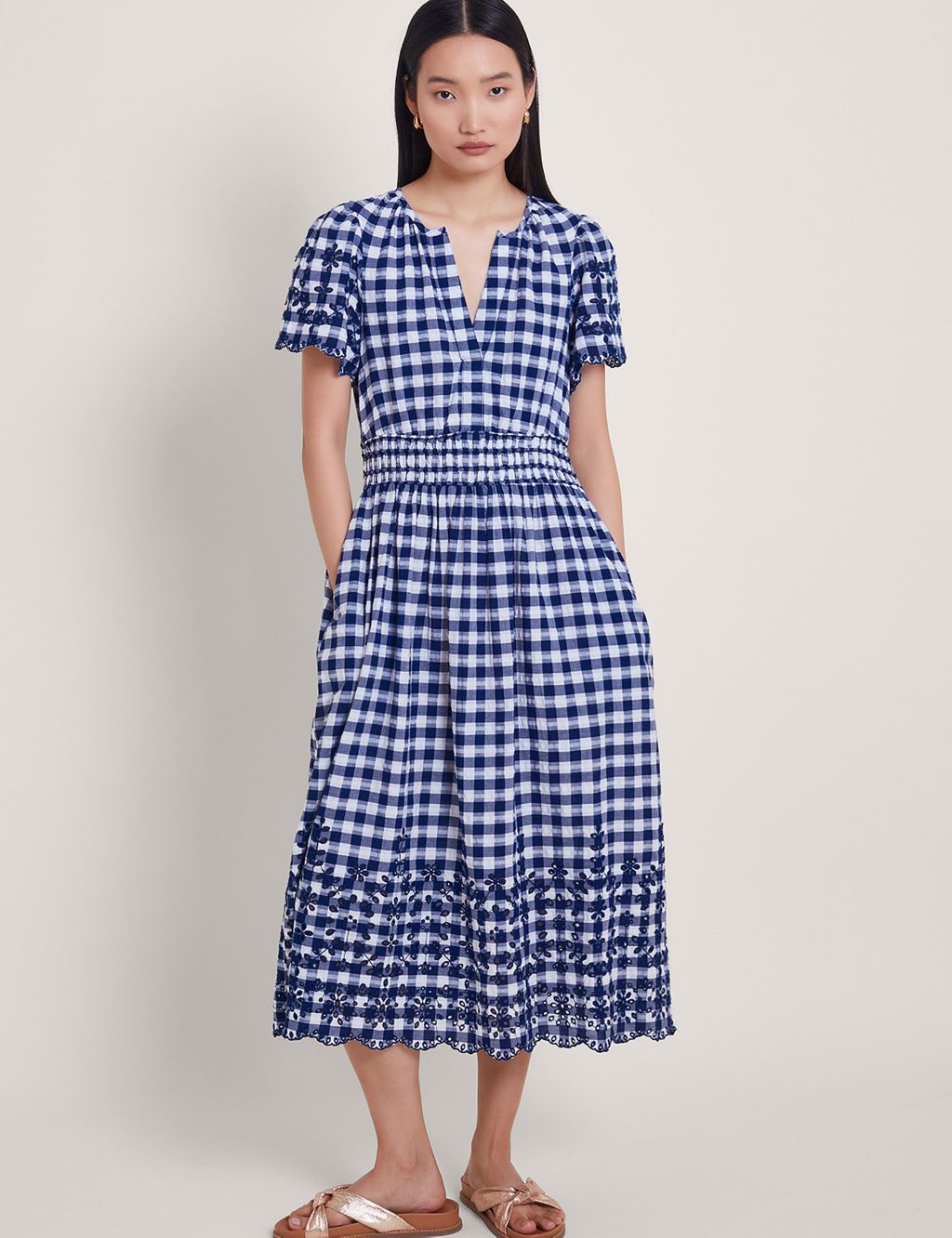 Pure Cotton Gingham Midi Waisted Dress 3 of 4