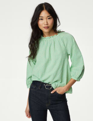 Pure Cotton Gingham Ruffle Blouse M S Collection M S