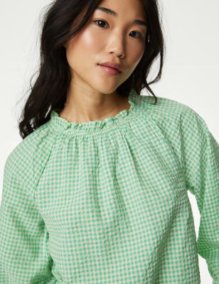 Pure Cotton Gingham Ruffle Blouse M S Collection M S