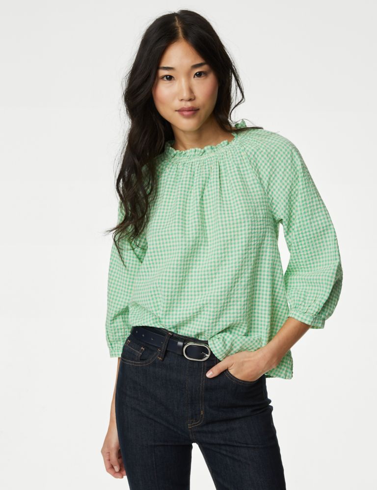 Pure Cotton Gingham Ruffle Blouse 3 of 5