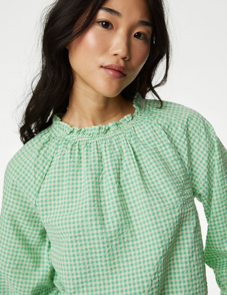 Pure Cotton Gingham Ruffle Blouse 4 of 5