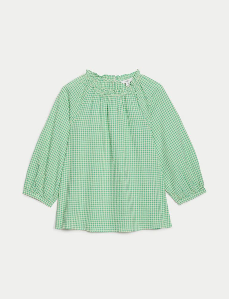 Pure Cotton Gingham Ruffle Blouse 2 of 5