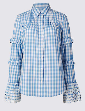 Pure Cotton Gingham Ruffle Sleeve Shirt Image 2 of 5