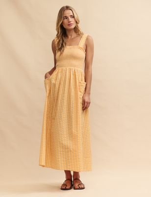Pure Cotton Gingham Square Neck Midaxi Dress Image 2 of 6