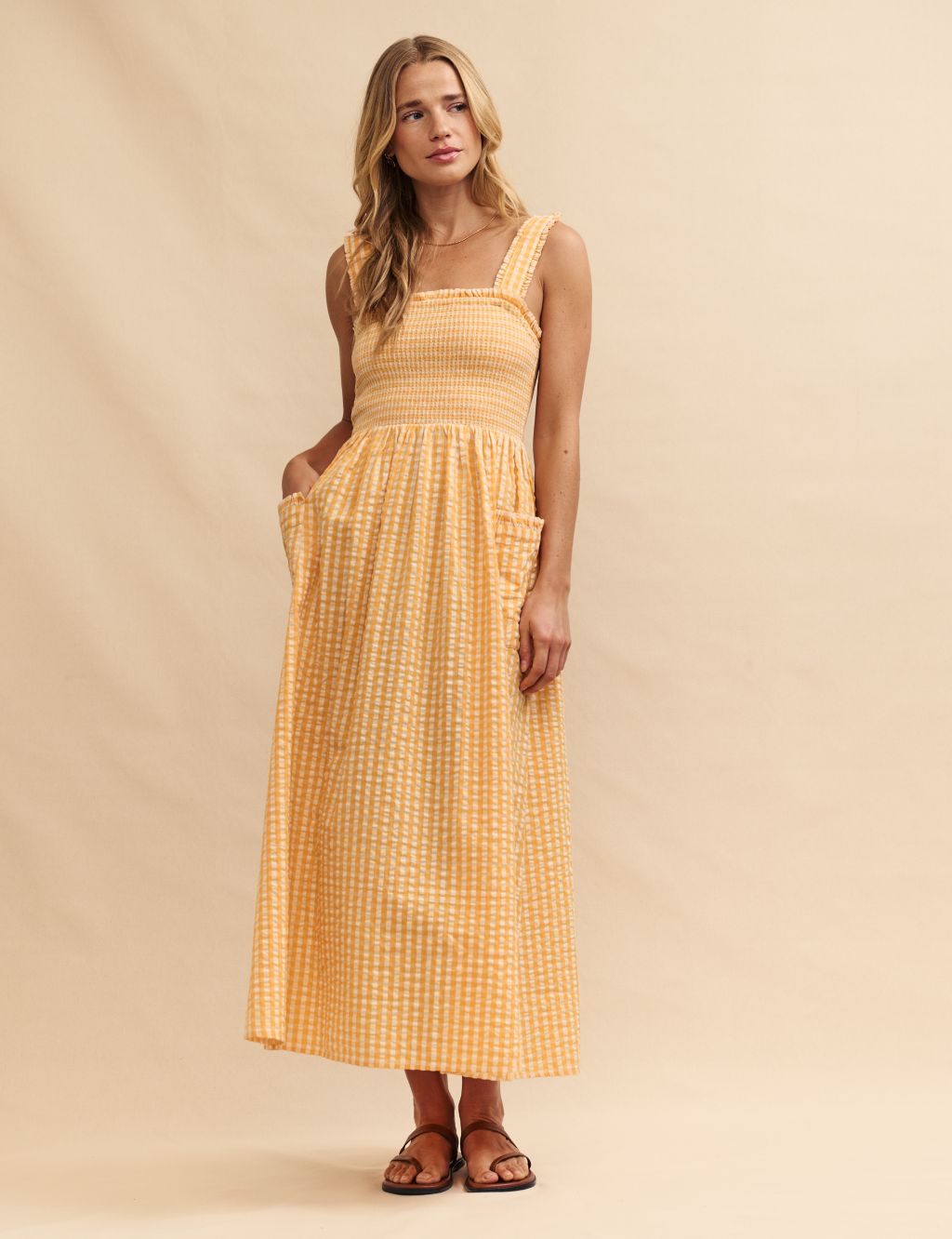Pure Cotton Gingham Square Neck Midaxi Dress 1 of 6