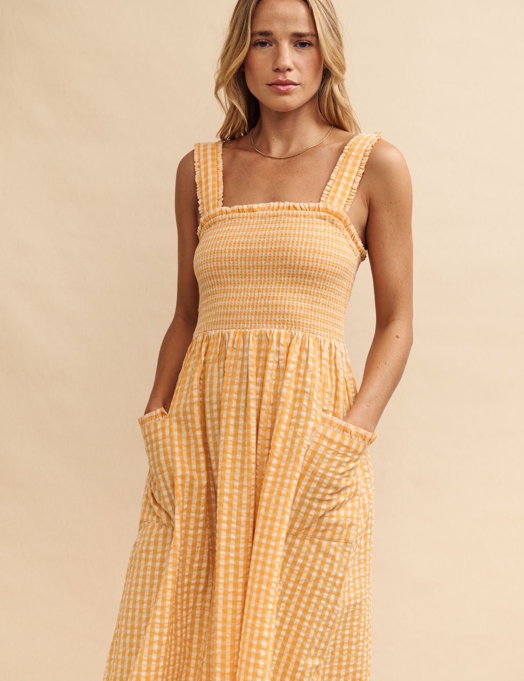 Pure Cotton Gingham Square Neck Midaxi Dress 4 of 6