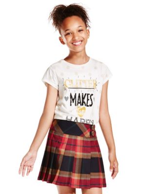 Pure Cotton Glitter Makes Me Happy T-Shirt with StayNEW™ (5-14 Years), Indigo Collection